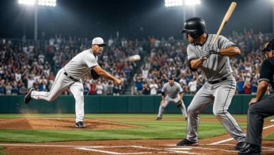 Lanzador y bateador protagonizan una intensa jugada en un duelo de béisbol en Los Ángeles.