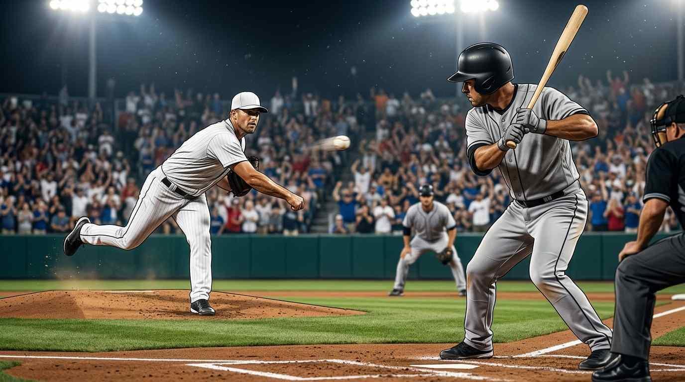 Lanzador y bateador protagonizan una intensa jugada en un duelo de béisbol en Los Ángeles.