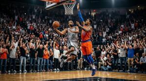 NBA Finals Game 1 action with players battling near the basket in a packed arena.