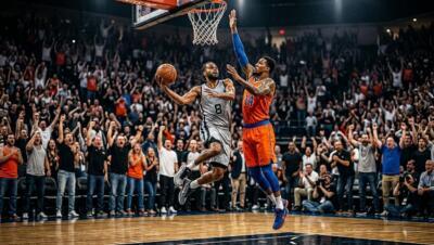NBA Finals Game 1 action with players battling near the basket in a packed arena.