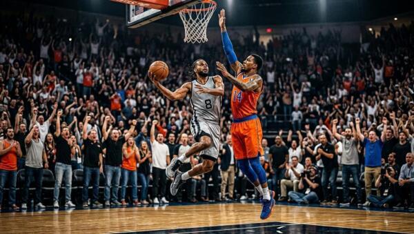 NBA Finals Game 1 action with players battling near the basket in a packed arena.