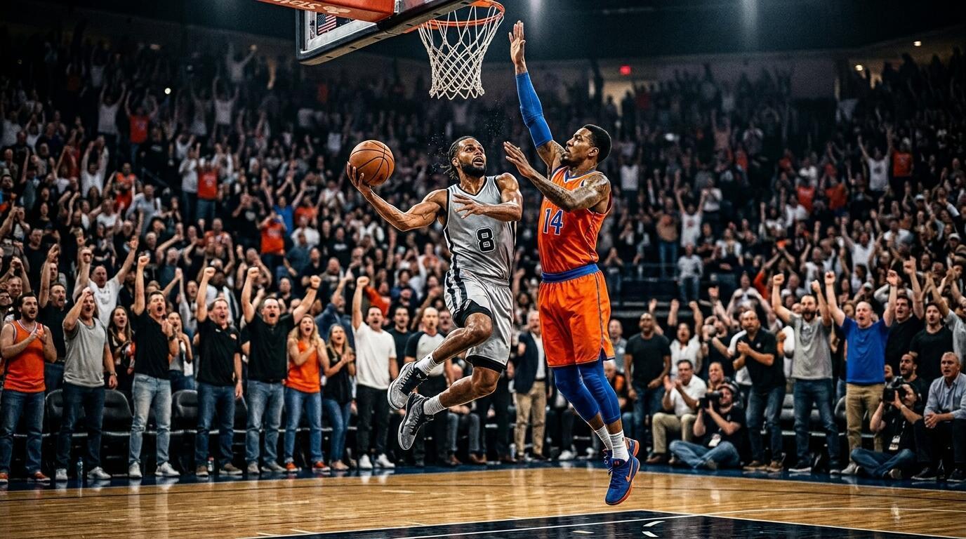 NBA Finals Game 1 action with players battling near the basket in a packed arena.