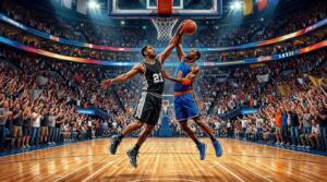 Acción intensa del Juego 2 de las Finales NBA entre San Antonio y Nueva York en un arena repleta.