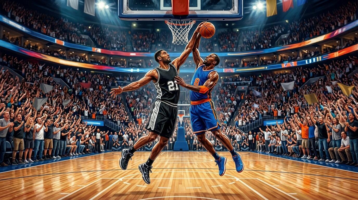 Acción intensa del Juego 2 de las Finales NBA entre San Antonio y Nueva York en un arena repleta.