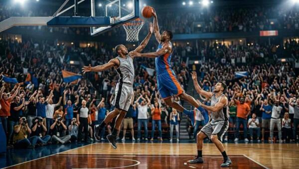 Jugadores disputan una jugada decisiva durante el Juego 4 de unas Finales de la NBA reñidas.