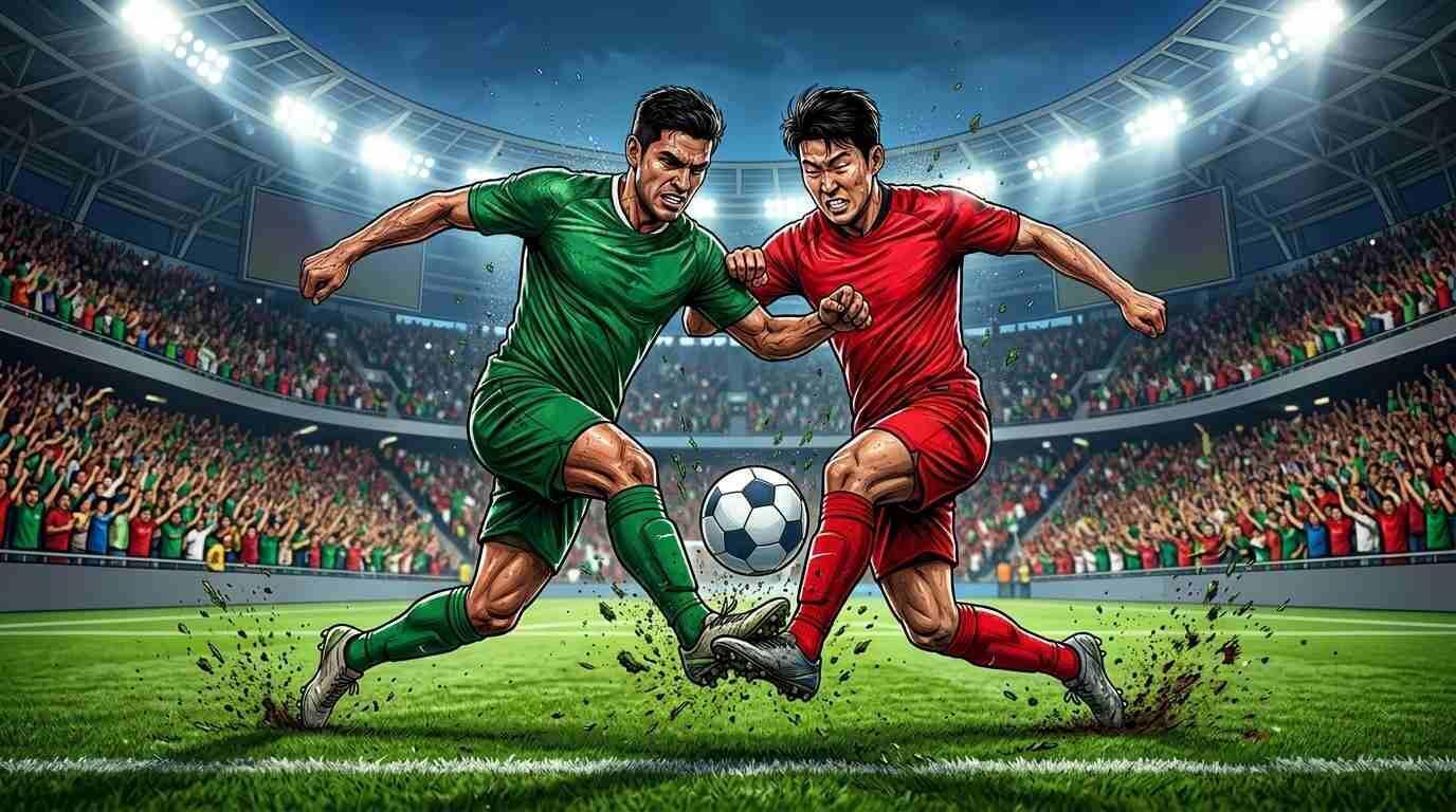 México y Corea del Sur disputan un balón en un intenso partido del Mundial 2026.
