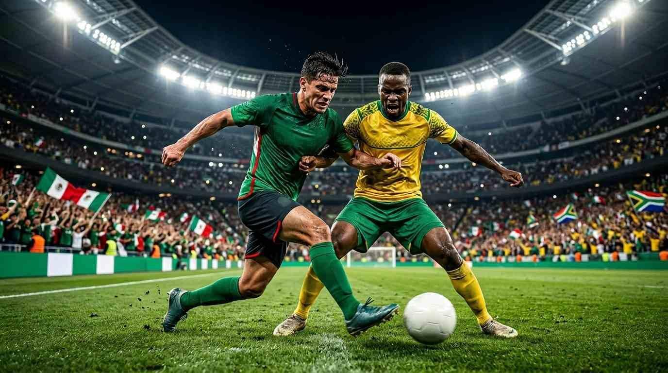 Jugadores de México y Sudáfrica disputan el balón en un estadio lleno durante el Mundial 2026.