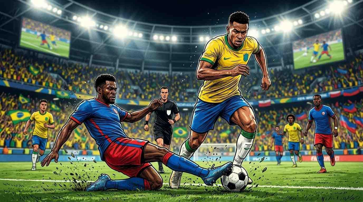 Brasil y Haití disputan un intenso partido en un estadio lleno durante el Mundial 2026.