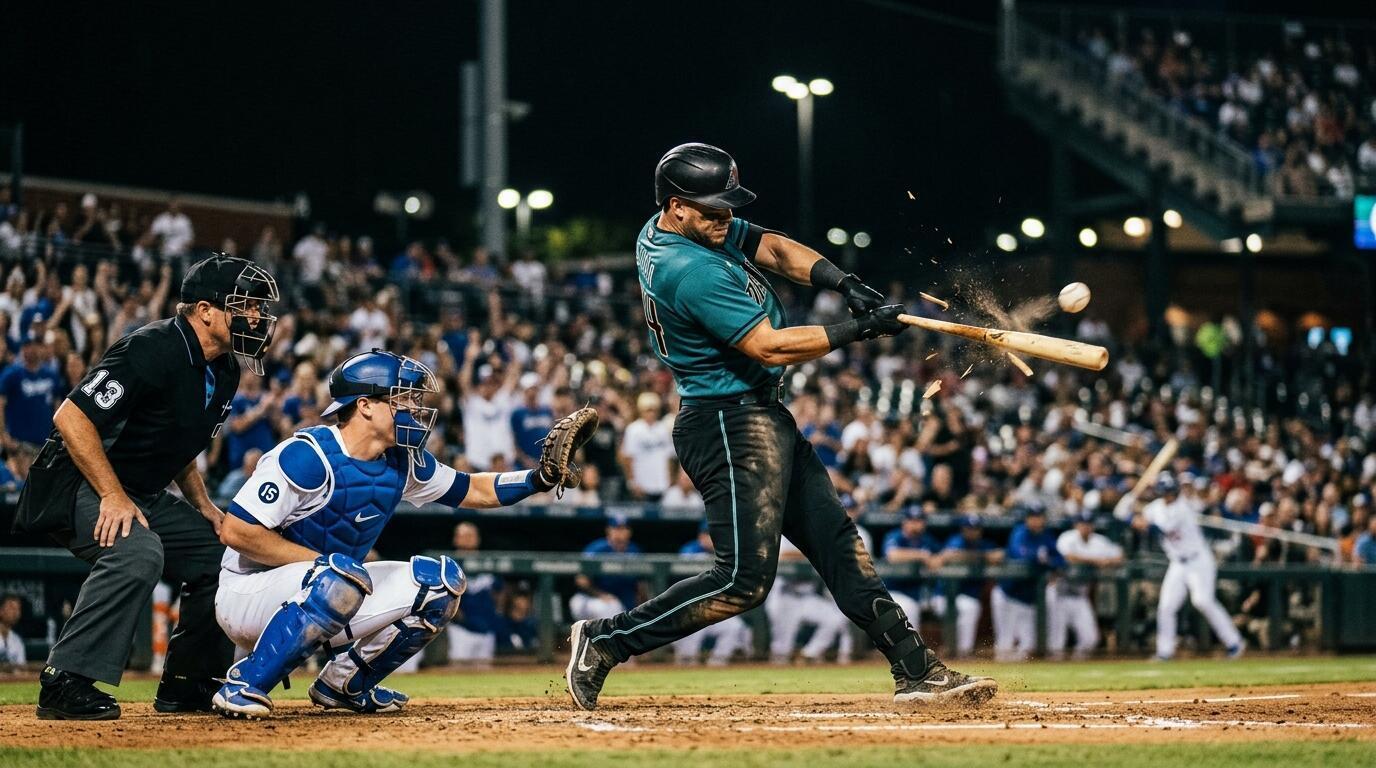Baseball players in a tense MLB matchup under stadium lights as a batter connects with a pitch.