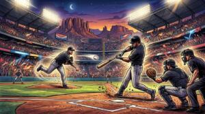 Bateador y lanzador protagonizan un intenso duelo de béisbol en un estadio repleto.