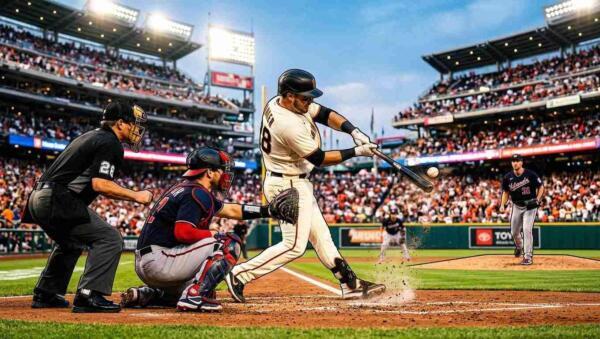 Bateador conecta la pelota en un emocionante duelo de béisbol ante estadio lleno.