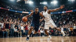 Jugadores disputan una intensa acción bajo el aro durante el segundo juego de la final de la NBA.