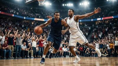 Jugadores disputan una intensa acción bajo el aro durante el segundo juego de la final de la NBA.