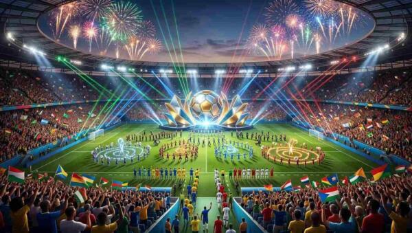 Ceremonia inaugural del Mundial 2026 con fuegos artificiales y estadio lleno de aficionados.