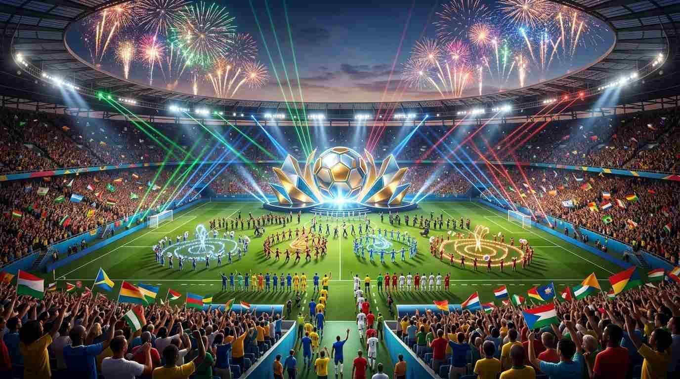 Ceremonia inaugural del Mundial 2026 con fuegos artificiales y estadio lleno de aficionados.