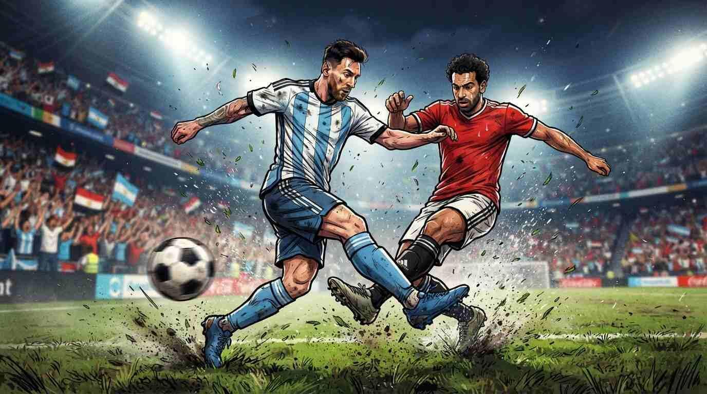 Argentina y Egipto disputan el balón en un estadio mundialista.