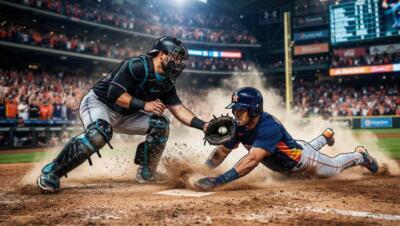 Juego de béisbol entre Houston y Miami con acción intensa en un estadio iluminado.
