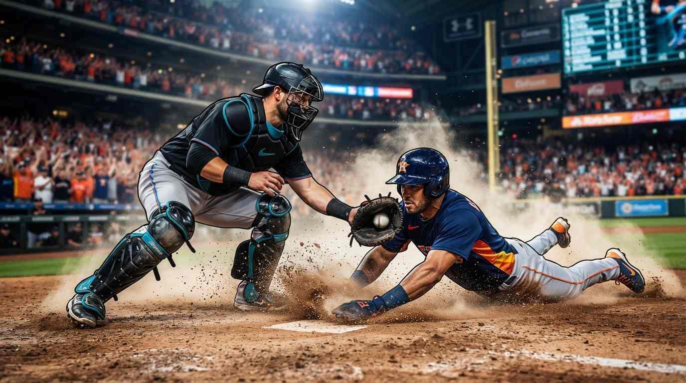 Juego de béisbol entre Houston y Miami con acción intensa en un estadio iluminado.