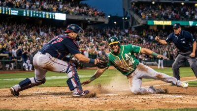 Jugadores de Oakland y Boston disputan una jugada intensa en el plato durante un partido de béisbol.