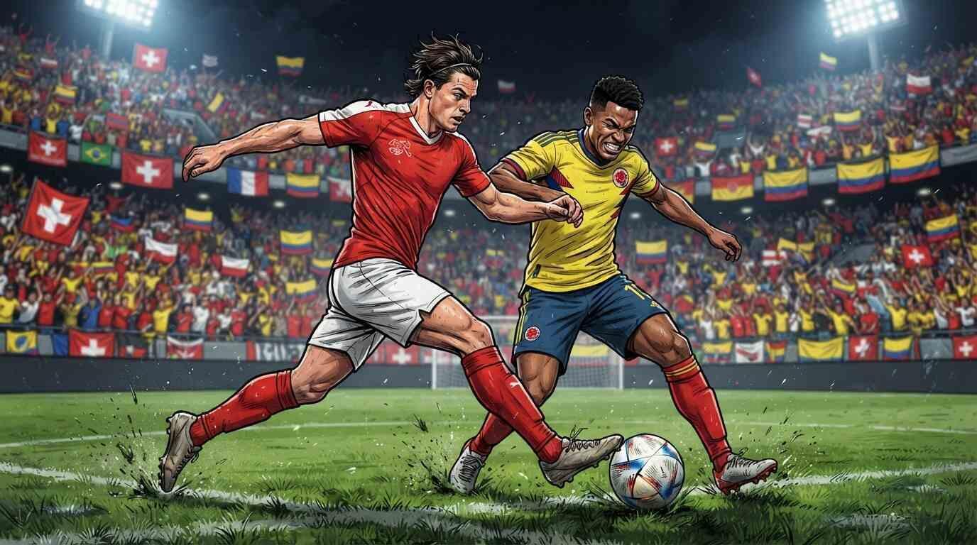 Suiza y Colombia disputan el balón en un estadio mundialista iluminado.