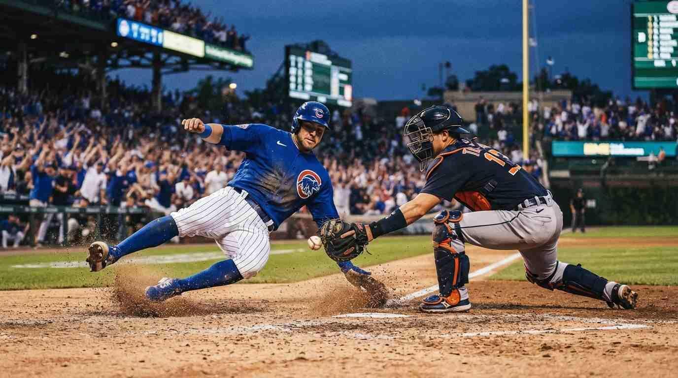 Duelo de béisbol entre Chicago y Detroit en un estadio lleno, con acción intensa en el campo.