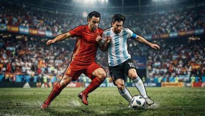 Jugadores de España y Argentina disputan el balón en un estadio lleno durante el Mundial 2026.