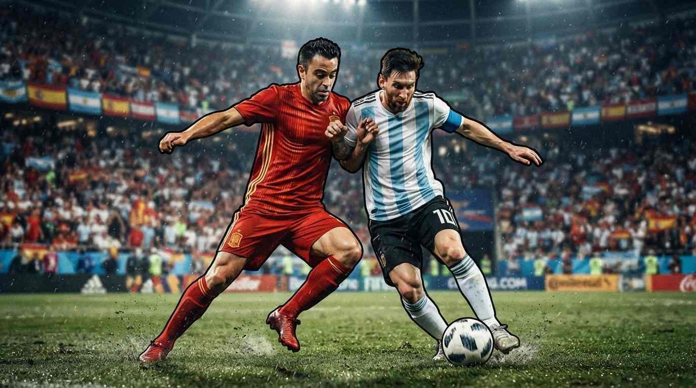 Jugadores de España y Argentina disputan el balón en un estadio lleno durante el Mundial 2026.