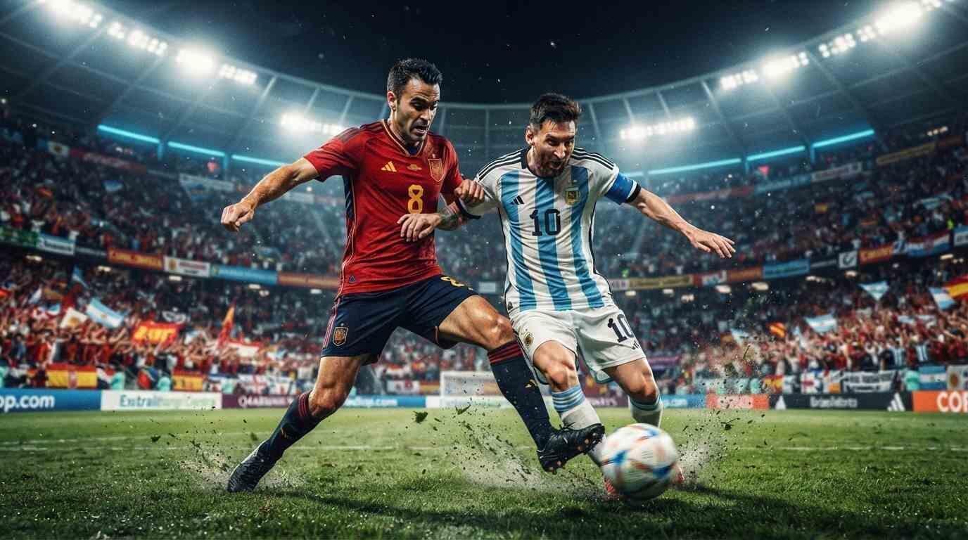 Jugadores de España y Argentina disputan el balón en un estadio lleno durante el Mundial 2026.