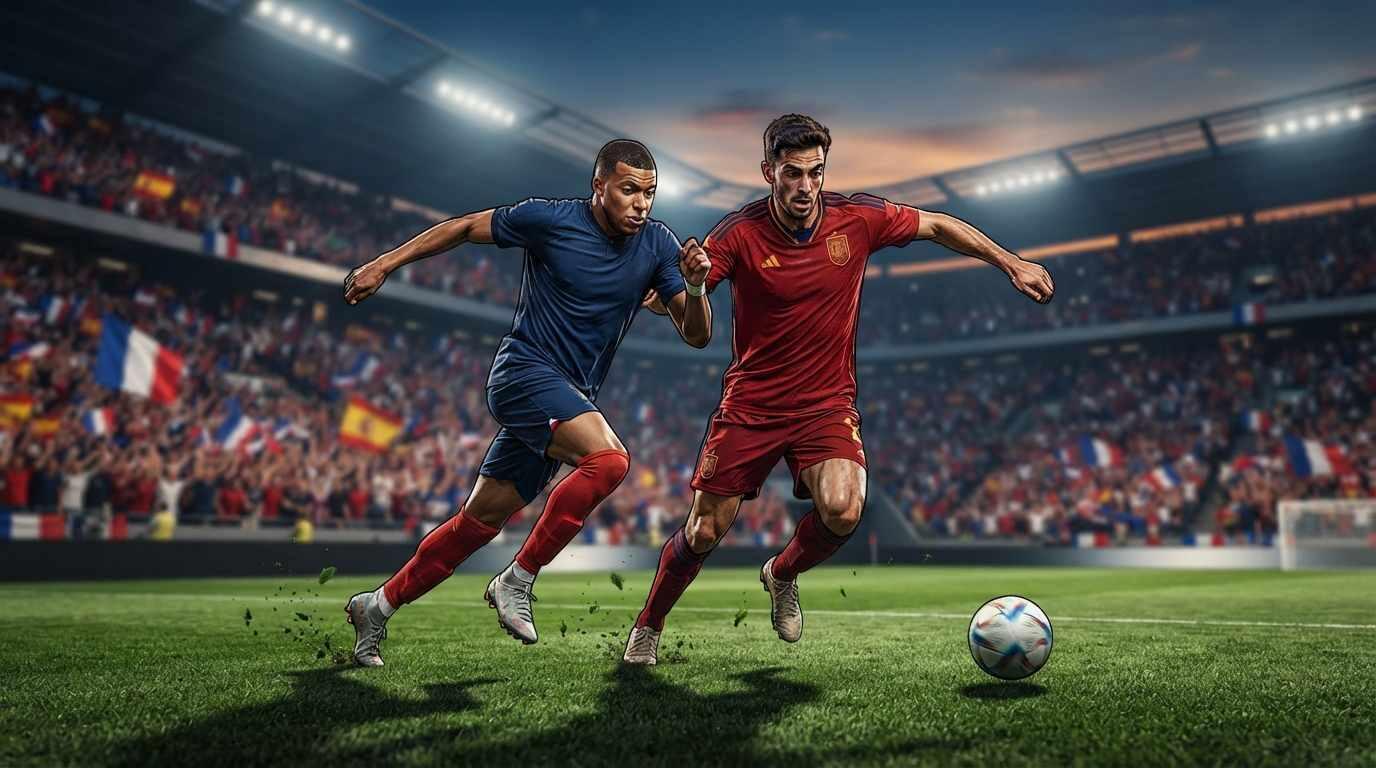 Jugadores inspirados en España y Francia disputan un balón en una semifinal del Mundial 2026.