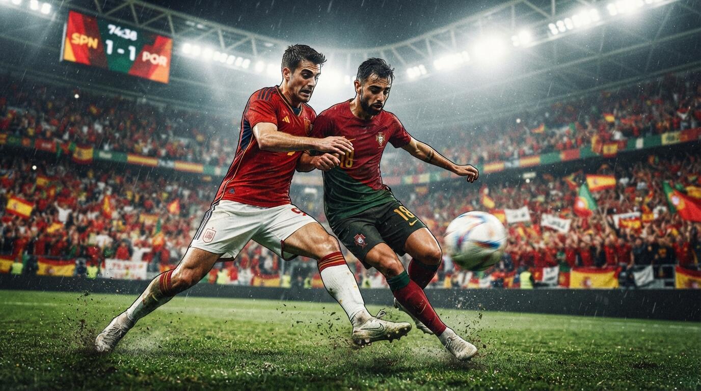 Jugadores de España y Portugal disputan el balón en un estadio mundialista.
