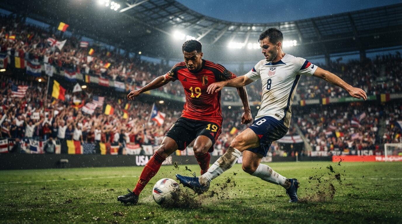 Jugadores de Estados Unidos y Bélgica disputan el balón en un estadio mundialista.