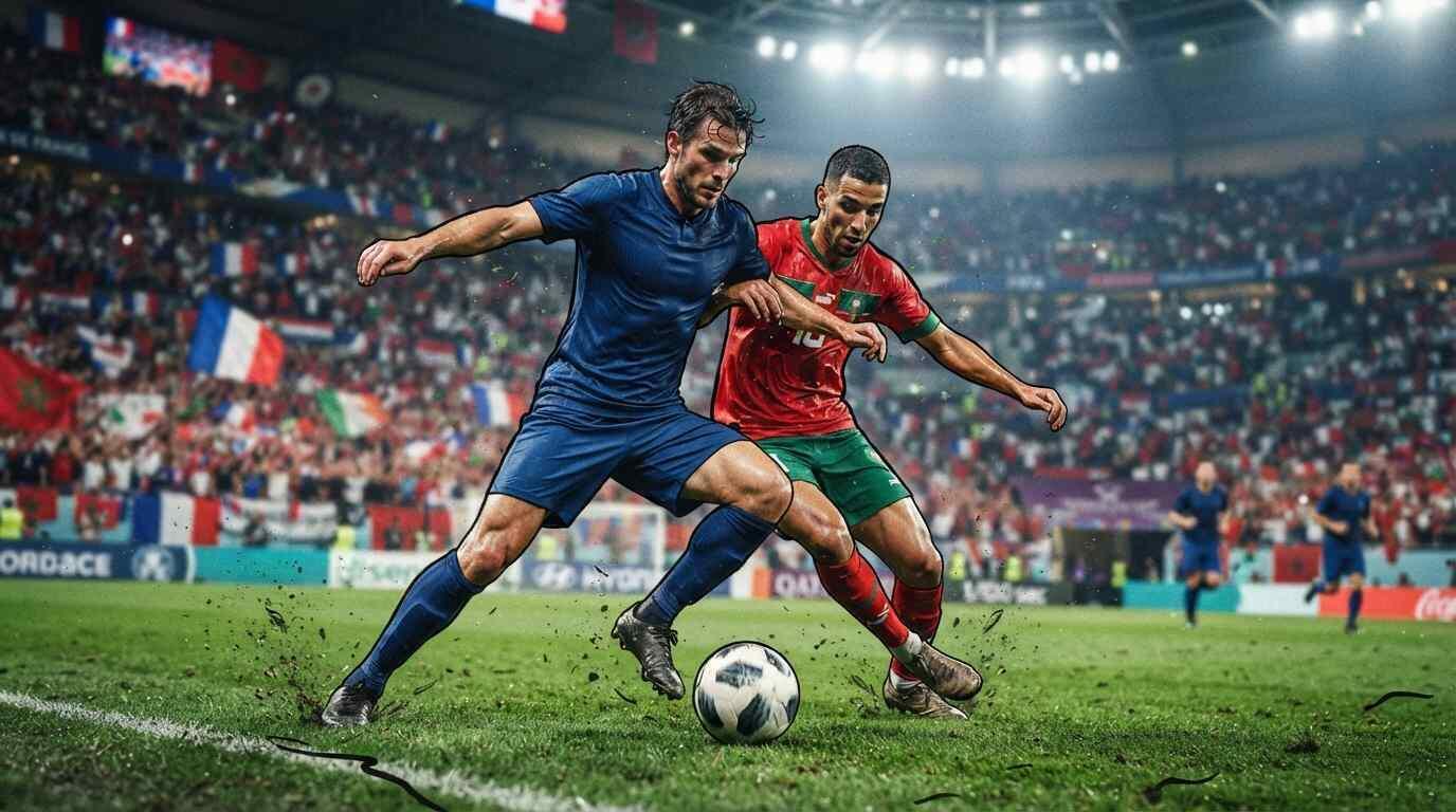 Francia y Marruecos disputan el balón en un intenso partido mundialista.