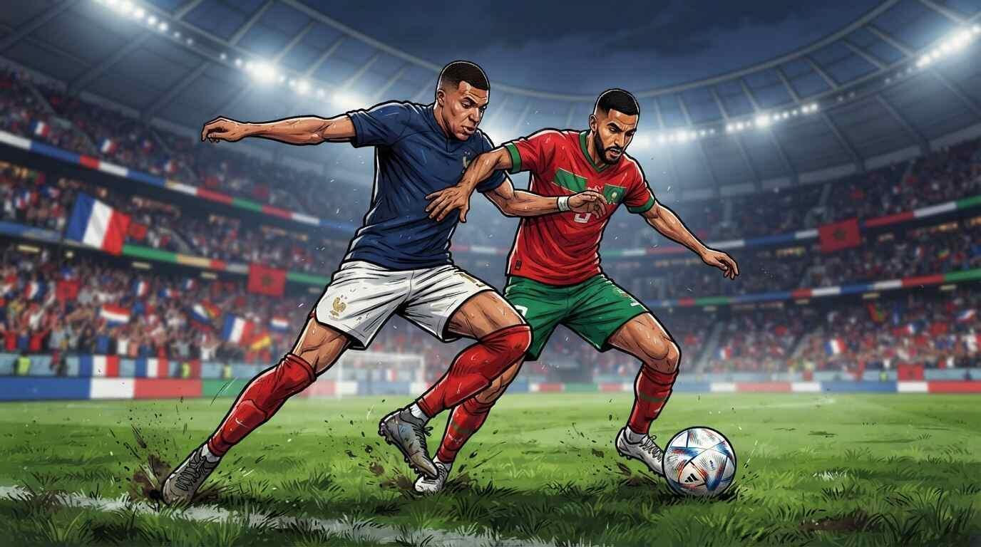 Francia y Marruecos disputan el balón en un estadio mundialista.