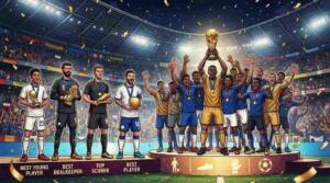 Equipos y jugadores celebran sus premios tras el Mundial 2026 en un estadio lleno de confeti.