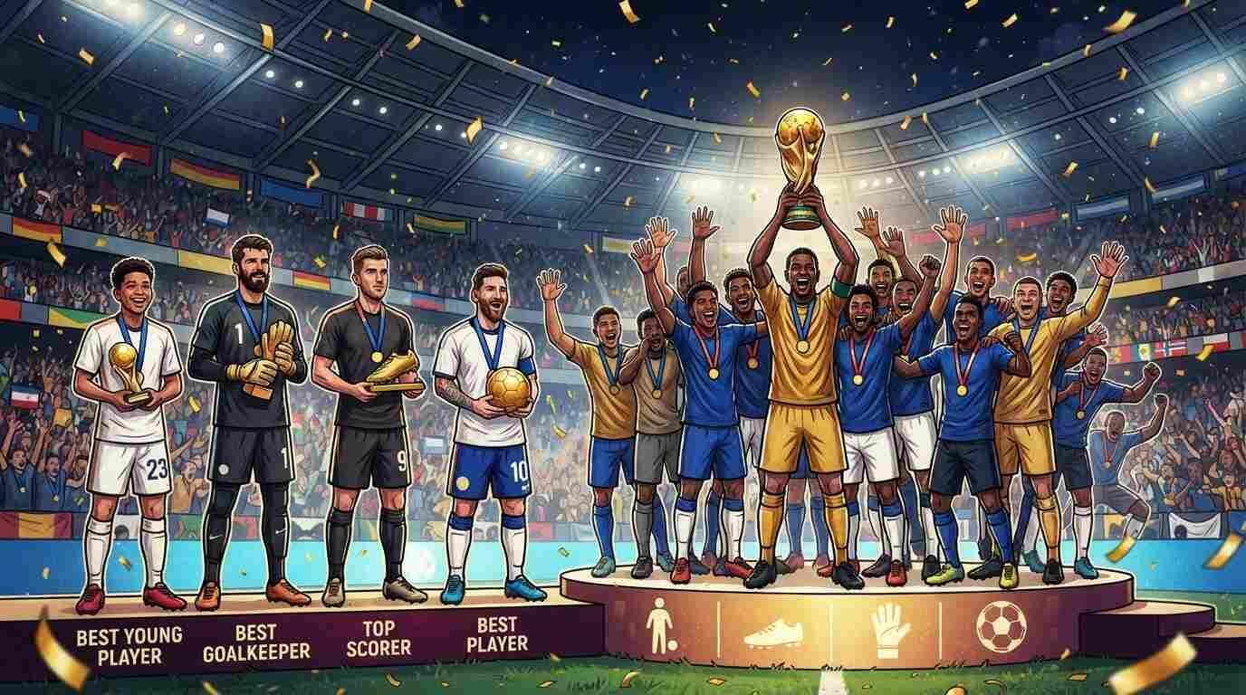 Equipos y jugadores celebran sus premios tras el Mundial 2026 en un estadio lleno de confeti.