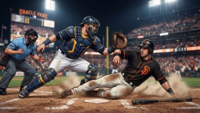 Jugadores de San Francisco y Milwaukee disputan una jugada intensa en un estadio de béisbol.