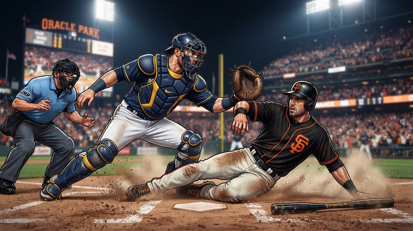 Jugadores de San Francisco y Milwaukee disputan una jugada intensa en un estadio de béisbol.