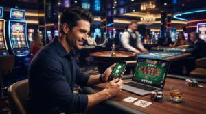 Jugador disfruta juegos de casino en línea desde su móvil en un ambiente moderno y elegante.