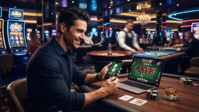 Jugador disfruta juegos de casino en línea desde su móvil en un ambiente moderno y elegante.