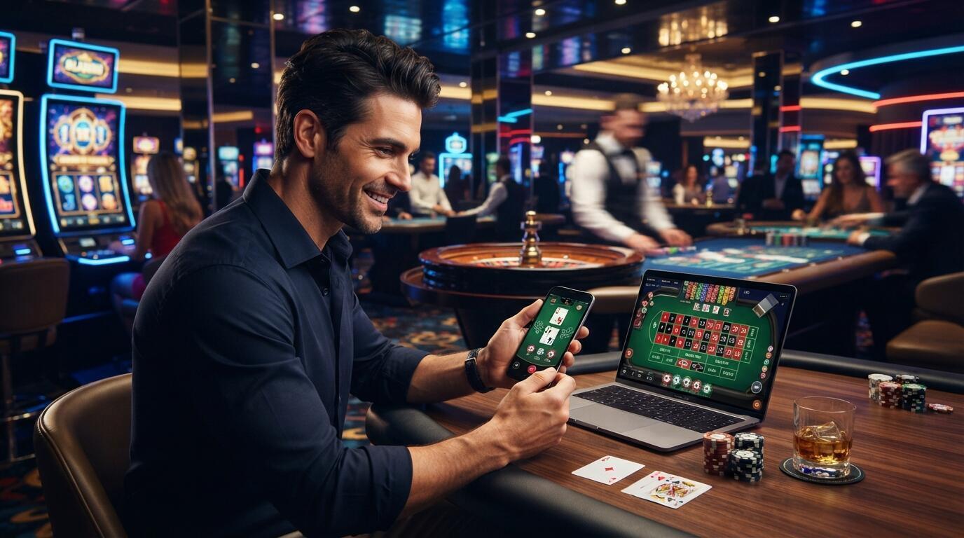 Jugador disfruta juegos de casino en línea desde su móvil en un ambiente moderno y elegante.