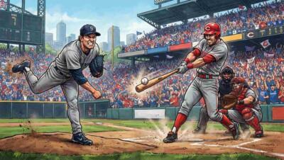 Jugador al bate y lanzador en un juego entre Mariners y Reds en un estadio lleno.