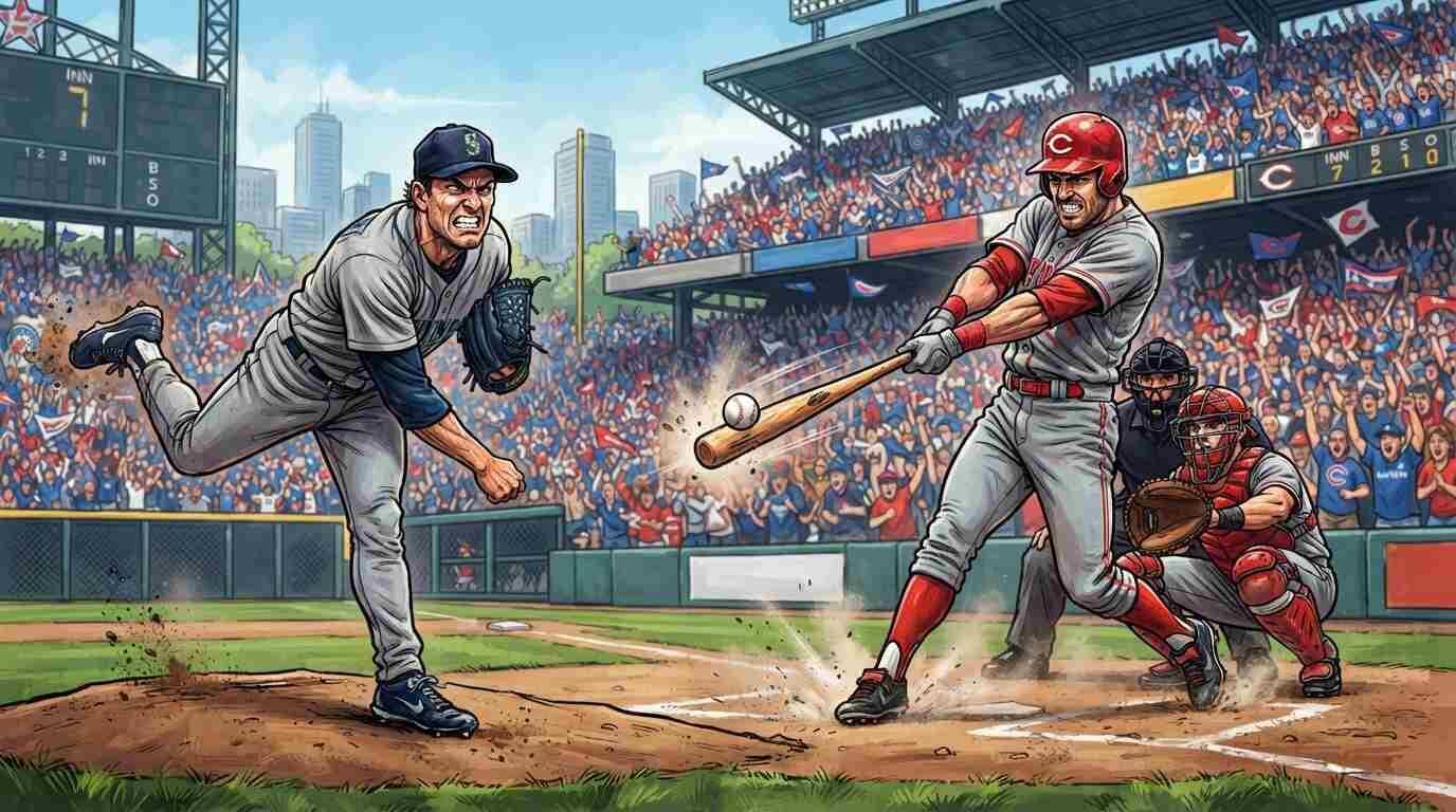 Jugador al bate y lanzador en un juego entre Mariners y Reds en un estadio lleno.