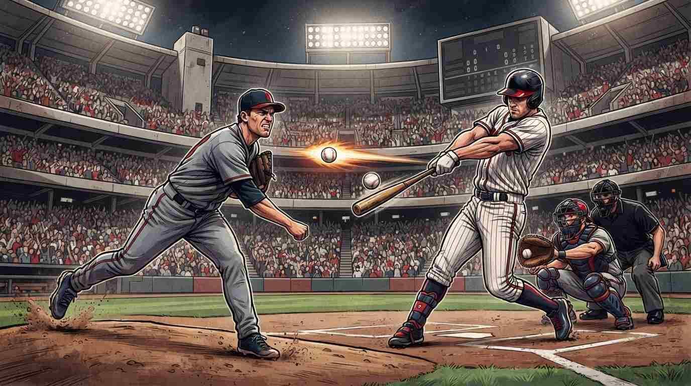 Bateador y pitcher en un duelo entre Cardinals y Reds en un estadio de MLB.