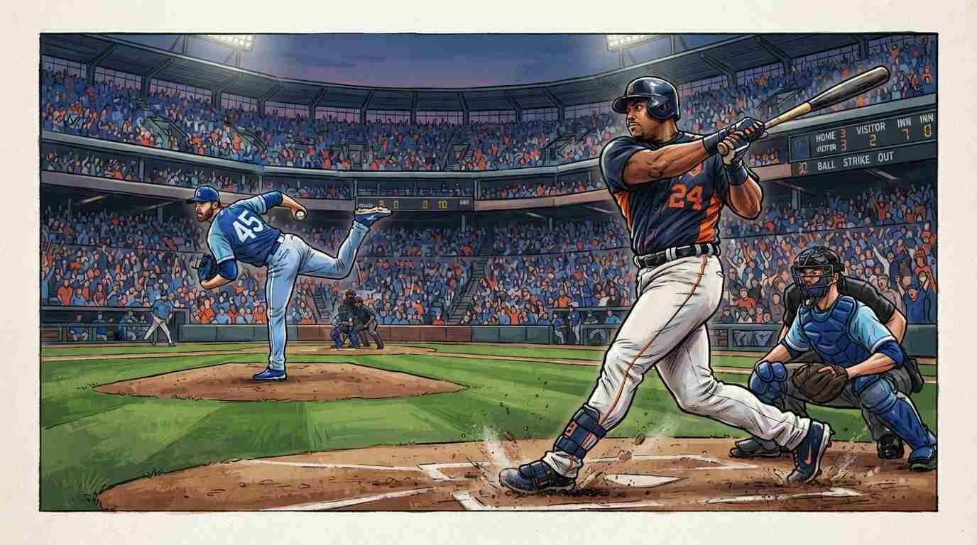 Jugador bateando ante pitcher en un juego Tigres vs Royals con ambiente intenso de MLB.