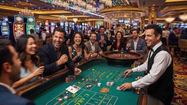 Promociones de casino con ruleta, cartas, fichas y máquinas tragamonedas en un ambiente vibrante.
