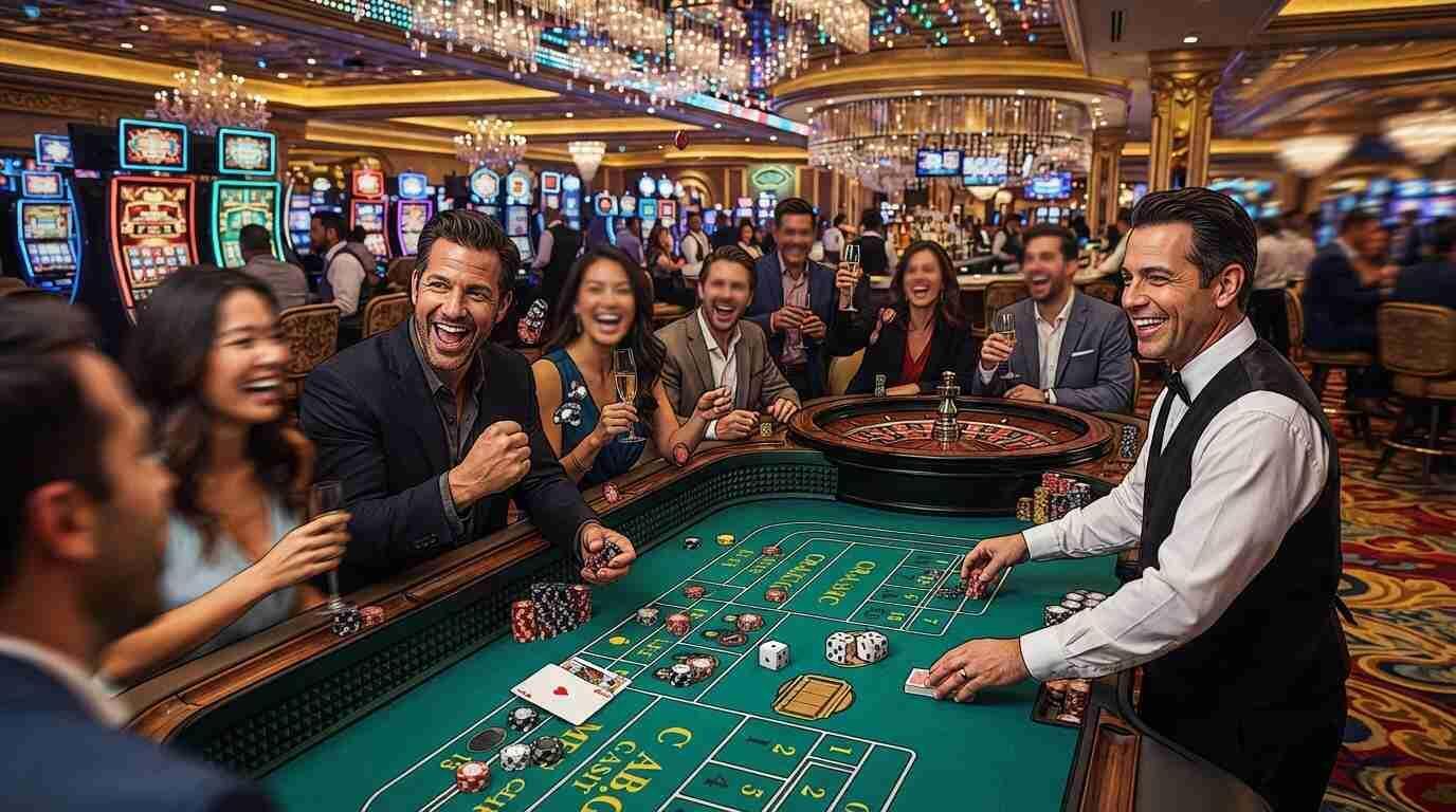 Promociones de casino con ruleta, cartas, fichas y máquinas tragamonedas en un ambiente vibrante.