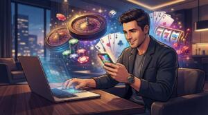 Jugador en casino online con ruleta, cartas y fichas en un entorno digital realista.